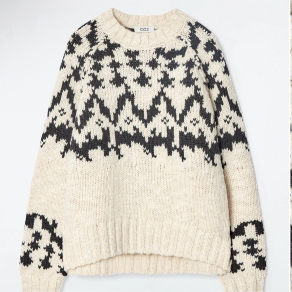 COS Fair Isle Chunky Crewneck Wool Sweater Cream Dark Grey Size XS - Picture 14 of 14